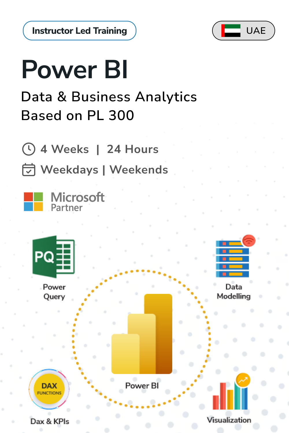 Instructor led training course for Power BI training in UAE with Microsoft logos and icons