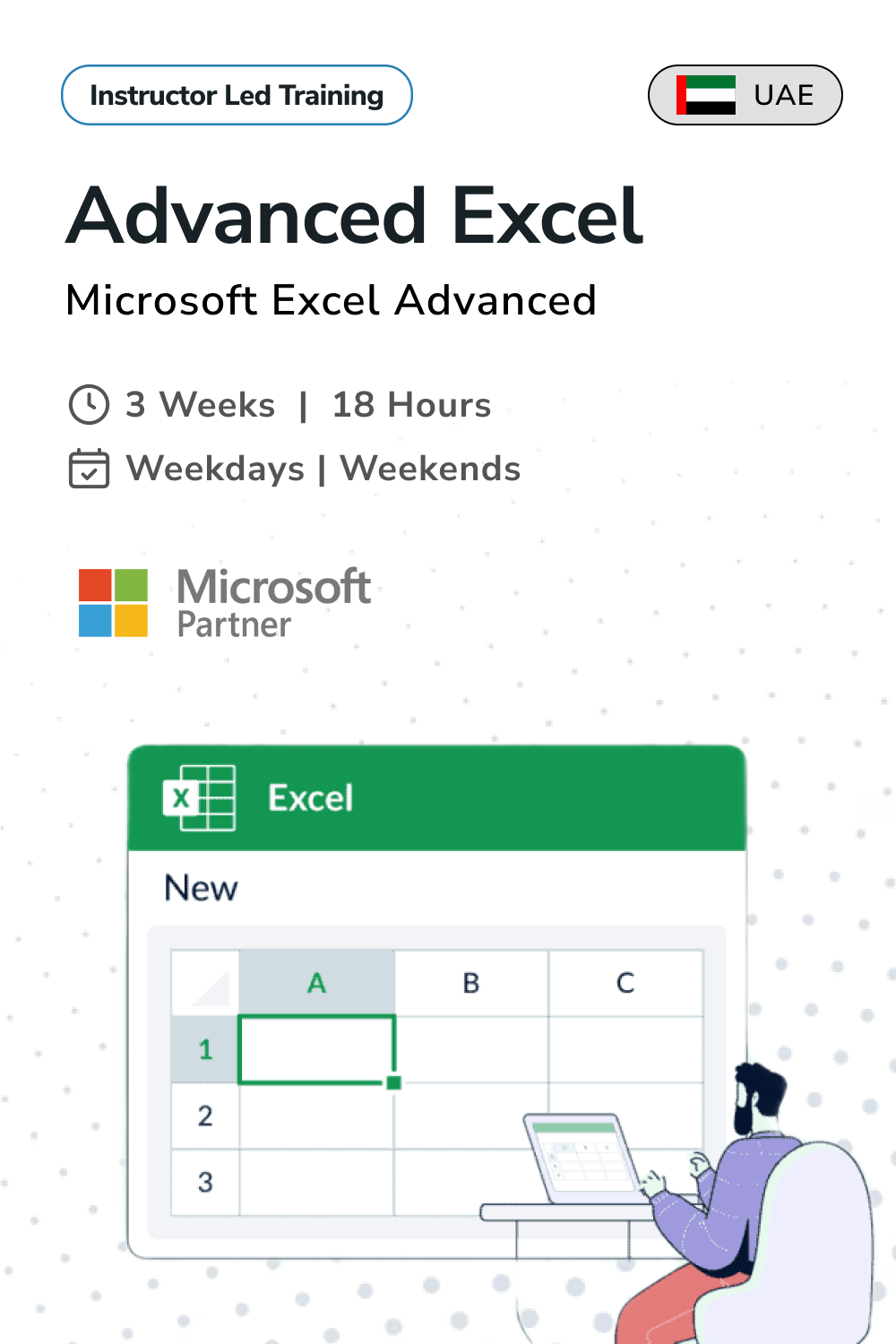 Instructor led Microsoft Advanced Excel training flyer in UAE featuring Excel interface and person working on laptop